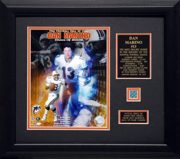 Dan Marino Miami Dolphins - Hall Of Fame Collage - Framed 8x10 Unsigned Photograph With Game Used Jerxey Piece Composition And Descriptive Plate