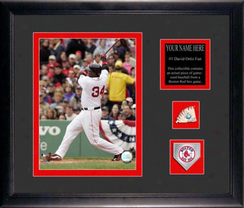 David Ortiz Framed 6x8 Photogrraph With Personalized Plate, Game Used Baseball Piece And Team Medallion