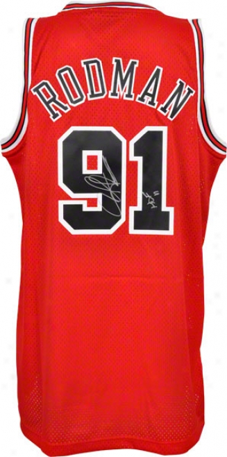 Dennis Rodman Autographed Jersey  Details: Chicago Bulls, Red, Adidas, Swingman, &quothof 2011&quot Inscriptiob