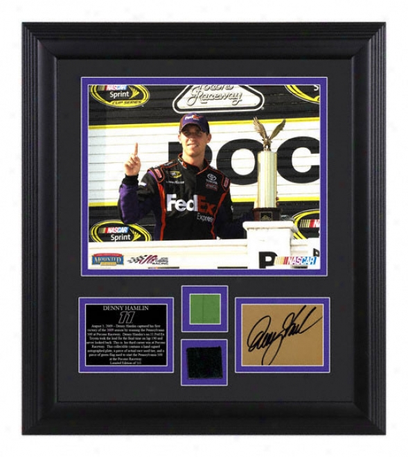 Denny Hamlin 2009 Pocono Framed 8x10 Photograph With Green Flag, Autograph Plate And Race Winning Tire - Le Of 111