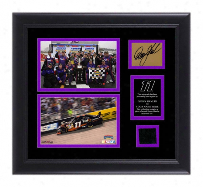 Denny Hamlin Framed 5x7 Photographs With Autographed Card, Race Tire And Perslnalized Nameplate