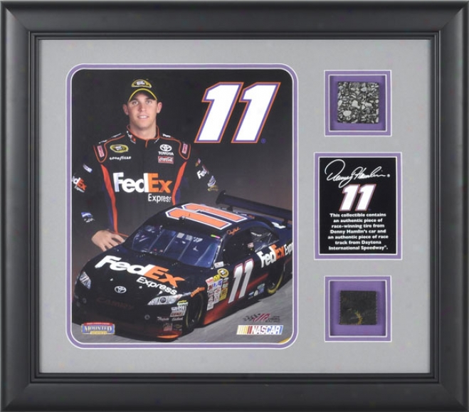 Denny Hamlin Framed 8x10 Photograph With Race Used Tire, Plate And Daytona International Speedway Track