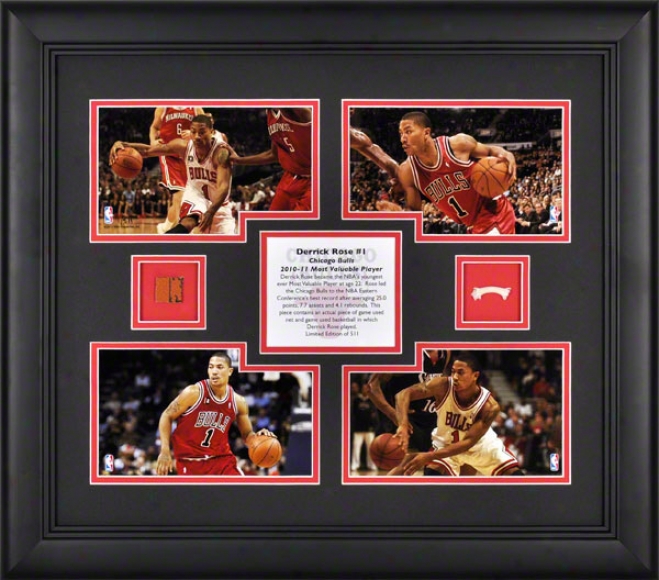 Derrick Rose Framed 2010-2011 Nba Mvp Collage  Details: Chicaho Bulls, 4-photo, Game Used Net, Basketball