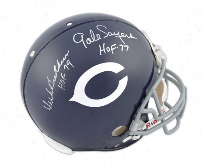 Dick Butkus And Gale Saters Autographed Pro-line Helmet  Details: Chicago Bears, Authentic Riddell Helmet, Hof Inscription