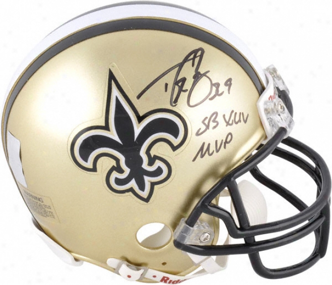 Drew Brees Autographed Mini Helmet  Details: - Half New Orleans Saints And Half Super Goblet Xliv Logo, Sb Xliv Champ Inscription