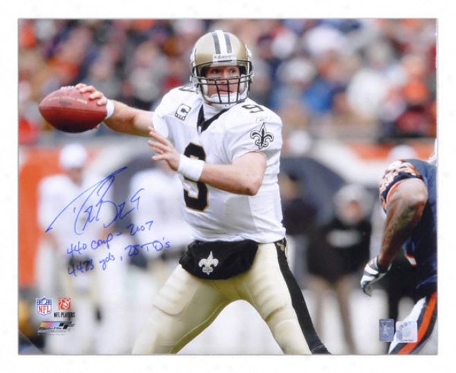 Drew Brees New Orleans Saints Autographed 16x20 Photo Wlth 440 Completions 2007, 4423 Yards And 28 Touchdowns Inscriptions