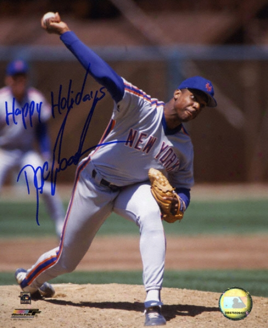 Dwight &quotdoc&quot Gooden New York Mets Autographed Pitching 8x10 Photograph With Happy Holidays Inscription