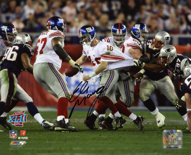 Eli Manning Autographed 8x10 Photograph  Details: New York Giants, Super Bowl Xlii , Scramble, Black Ink