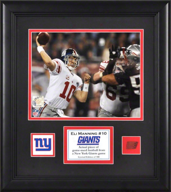 Eli Manning Framed 8x10 Photograph  Detai1s: Recent York Giants, With Game Used Football Piece And Descriptive Plate