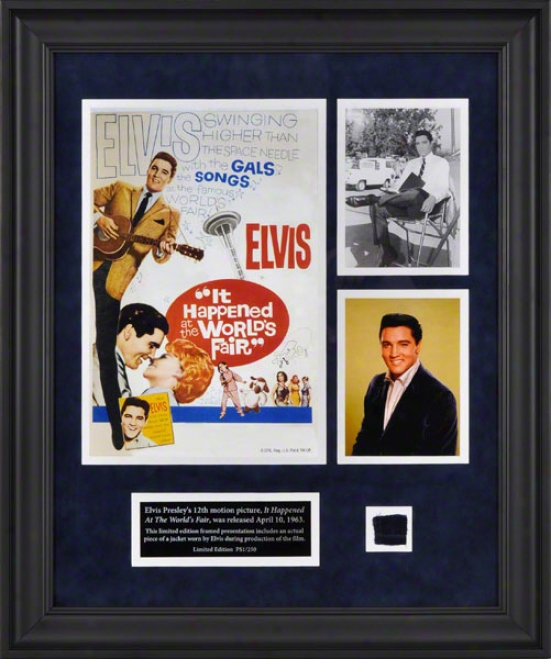 Elvis Presley Framed Presentation  Details: Worlf's Fair Collage, WithU sed Suit Piece