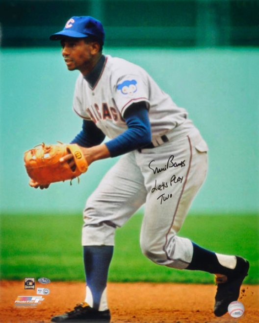 Ernie Bwnks Chicago Cubs Autographed 16x20 Fielding Photo W/ Inscription &quotlets Play Two&quot