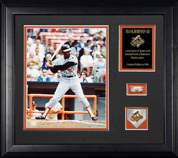 Frank Robinson Baltimore Orioles Framed Photograph With Team Medallion, Descriprive Plate And Game Used Baseball Piece