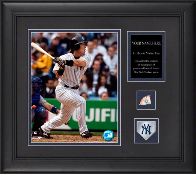 Hideki Matsui New York Yankees Framed 6x8 Photograph With Personalized Plate, Game Use Baseball Piece And Team Medallion