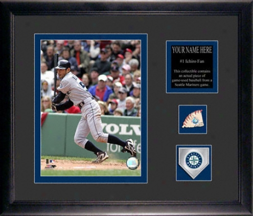 Ichiro Suzuki Seattle Mariners Framed 6x8 Photograph With Personalozed Plate, Game Used Baseball Piece And Team Medallion