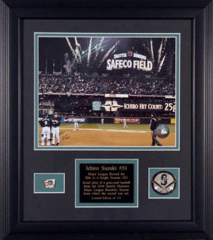 Ichiro Suzuki Seattle Mariners Single Season Hits Record Framed Game Used Baseball With Photograph