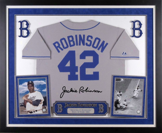 Jackie Robinson Brooklyn Doegers Deluxe Framed Majestic Cooperstown Jersey