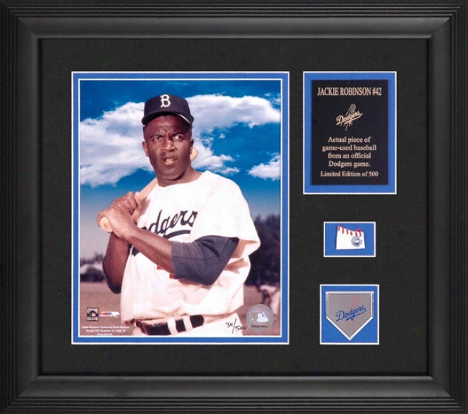 Jackie Robinson Brooklyn Dodgers Framed 8x10 Photograph Through  Baseball Piece And Descriptive Plate