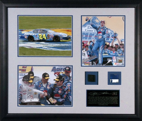 Jeff Gordon 2004 Aaron's 499 Victory Framed Piece With 3 Photographs And Race Used Tire And Metal Pieces