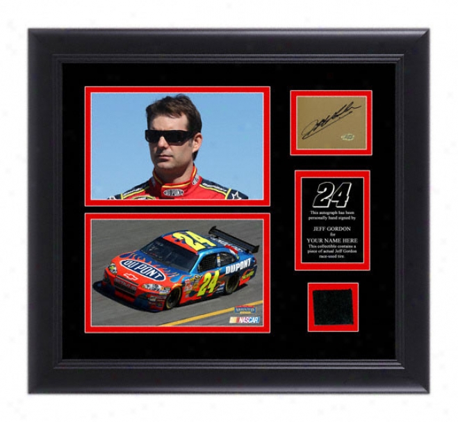 Jeff Gordon Framed 5x7 Photographs With Autographed Car,d Race Tire And Personalized Nameplate