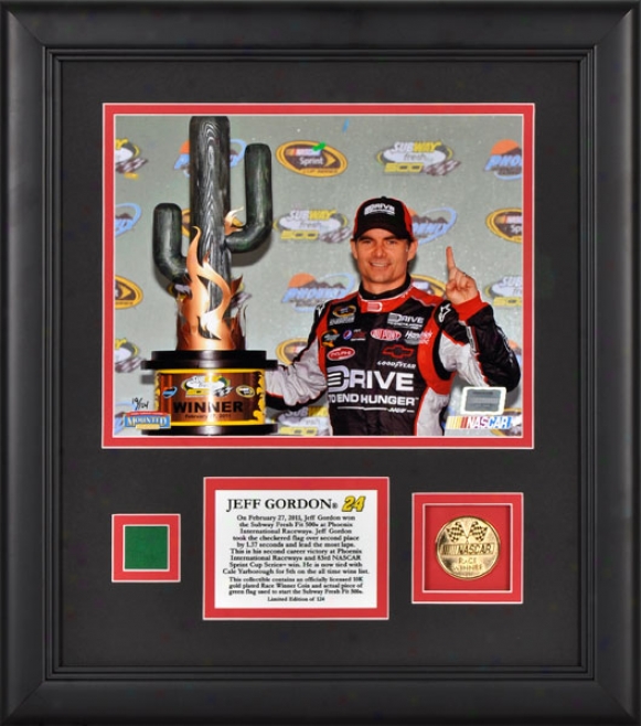 Jeff Gordon Framed 8x10 Photograph  Details: 2011 Subway Fresh Fit 500 Winner, With Gold Coin And Flag - Limited Edition Of 124