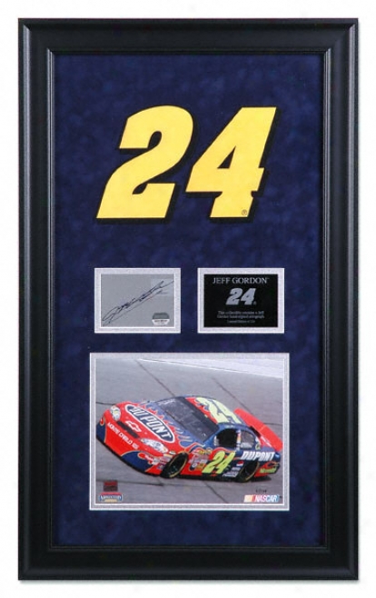 Jeff Gordon Framed 8x10 Pnotograph With Autographed Card And Suede Logo