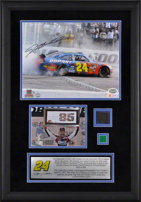 Jeff Gordon Framed Autographed 11x14 Photograph  Details: 2011 Advocare At Atlanta Motor Speedway, 85th Career Win, 78th Win Photo, By the side of Race Uqed Be fatigued And Gree