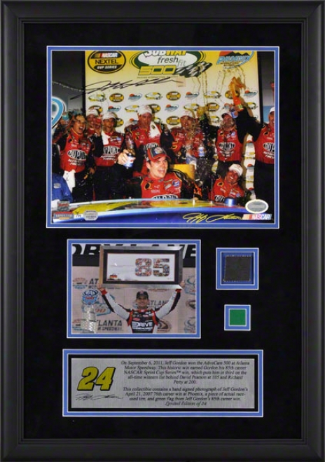 Jeff Gordon Framed Autograpphed 11x14 Photoograph  Details: 2011 Advocare At Atpanta Motor Speedway, 85tg Career Win, 76th Get  Photo, With Race Used Irk And Gre