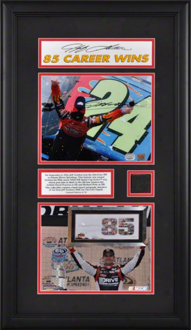 Jeff Gordon Framed Autographed 8x10 Phorograph  Details: 2011 Advocare At Atlanta Motor Speedway, 85th Career Win, With Race Used Tire - Limited Efition Of 24