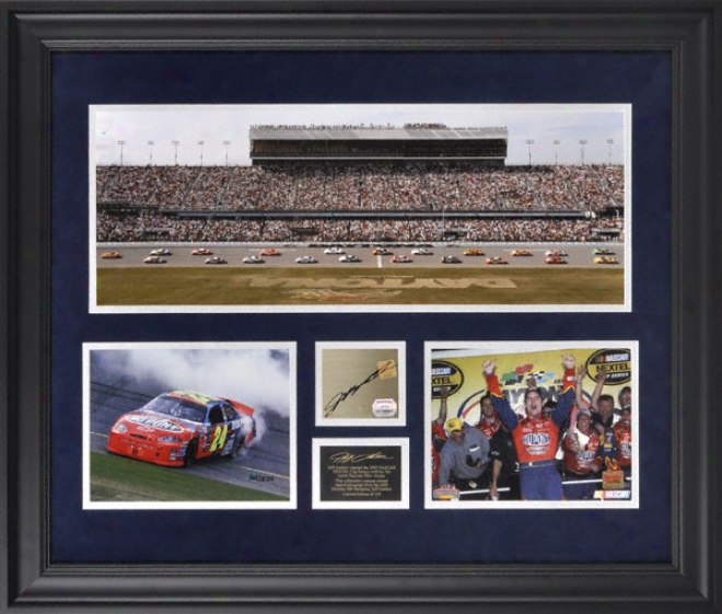 Jeff Gordon Framed Mini Panoramic With Ajtographed Plate And 2 Photographs