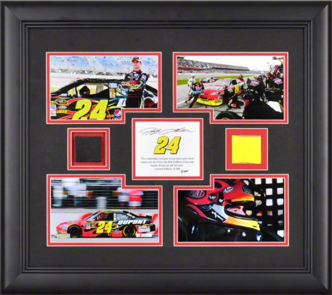 Jeff Gordon Framed Photographs  Details: 4 â€␜4 x6 Photographs, 2010 Race Used Tire, Sheet Metal, Limited Edition Of 500