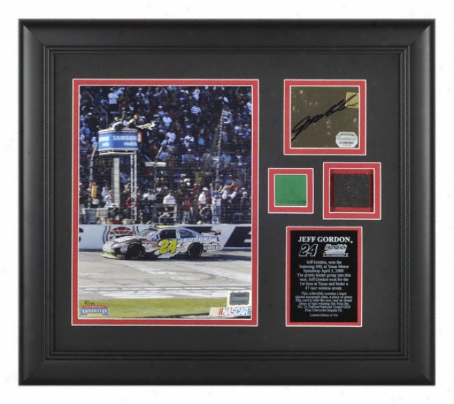 Jeff Gordon2009 Samsung 500 Texas Mootor Speedway Framed 8x10 Photograph With Race Winning Tire, Green Flag, And Autograph Plate