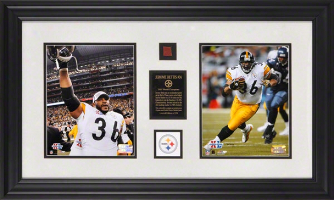 Jerome Bettis Pittsburgh Steelers Super Bowl Xl Champions Dual 8x10 Photograpphs With Game Used 2005 Football Piece Part And Descriptive Plate