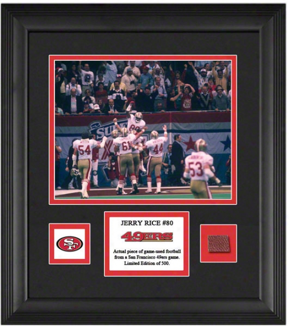 Jerry Rice Framed 8x10 Photograph  Details: San Francisco 49ers, With Game Used Football Piece And Descrptive Plate