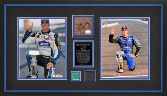 Jimmie Johnson - 2006 And 2008 Allstate 400 - Framed Dual 8x10 Photographs With Autographed Card, And Race Used Tire And Flag Pieces