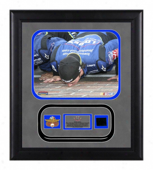 Jimmie Johnson - 2008 Brickyard- Framed 8x10 Photograph With Ims Pin, Indianapklis Motor Speedway Brick And Authentic 2008 Race Used Tire - Le Of 2009