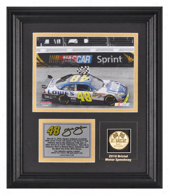 Jimmie Johnson 2010 Bristol Motor Spewdway Winner Framed 6x8 Photograph With Engraved Plate And Gold Coin - L E Of 2010