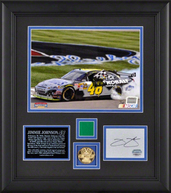 Jimmie Johnso n2010 Shelby American Framed 8x10 Photograph With Autograph Card, Race Winner 10k Gold Coin And Green Flag - L E Of 148