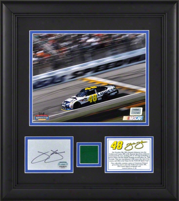 Jimmie Johnson Framed 8x10 Photograph  Details: 2011 Hollywood Casino 400 Victory At Kansas Speedway, With Autogdaph Card And Green Flag - Limited Edition Of 14