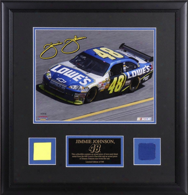 Jimmie Johnson Framed Laserchrome 11x14 Photograph With Sheet Metal And Suit Piece