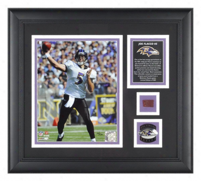 Joe Flacco Baltimore Ravens Frameed 8x10 Photograph With Plan Used Football Piece And Medallion