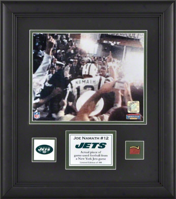 Joe Namath Framed 8x10 Photograph  Details: New York Jets, With Game Used Football Piece And Descriptive Plate