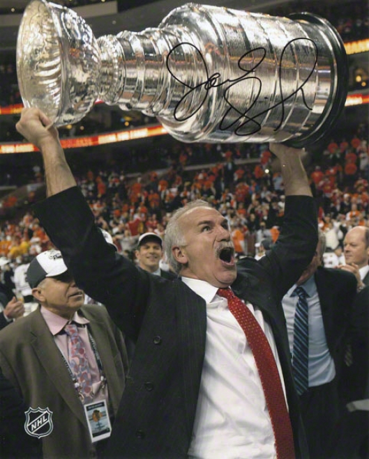 Joel Quenneville Autographed Photograph  Details: Chicago Blackkhawks, Holding The Stanley Cup, 8x10