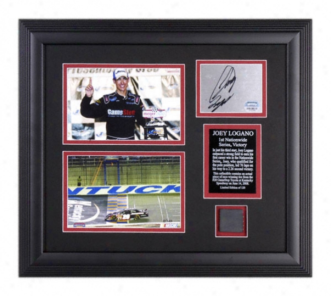 Joey Logano - First Win - Framed 5x7 Photograph With Autographed Card And Race Used Trie Piece