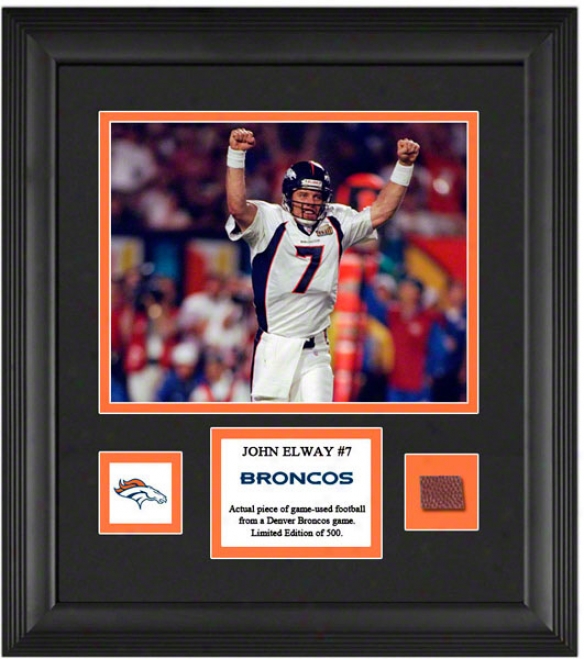 John Elway Framed 8x10 Photograph  Details: Denver Broncos,_With Game Used Football Piece And Descriptive Plate