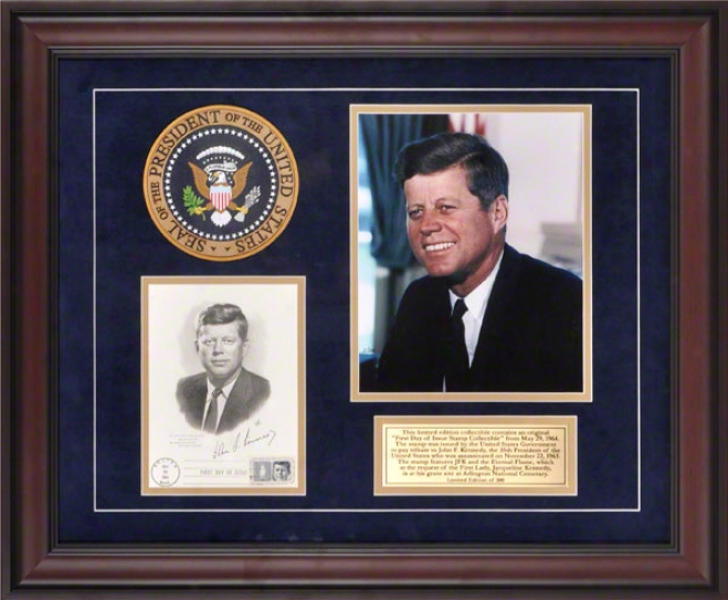 John F. Kennedy Framed Photograph  Details: 8x10, 5-29-64 1st Day Cover, Presidential Seal, Commemorative Lamina