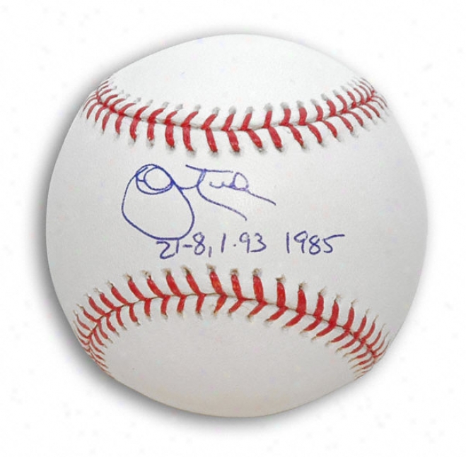 John Turor Autographed Baseball With ''21-8,1.93 1985'' Inscription