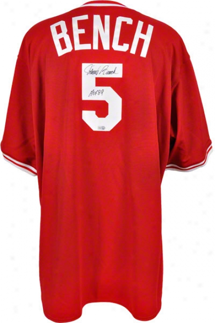 Johnny Bench Autoographed Jersey  Details: Cincinnati Reds, Majestic, Red, With &quothof 89&quot Inscription