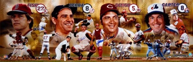 Johnny Long seat - Gary Carter - Carlton Fisk - Yogi Berra -- Hall Of Fame Cathers -- Autographed Panoramic