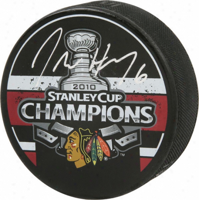 Jordan Hendry Chicago Blackhawks Autographed 2010 Stanley Cup Champions Logo Puck