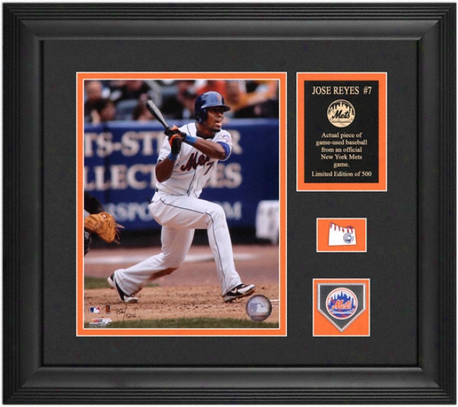 Jose Reyes New York Mets Framed Photograph With Game Used Baseball Piece & Medallion